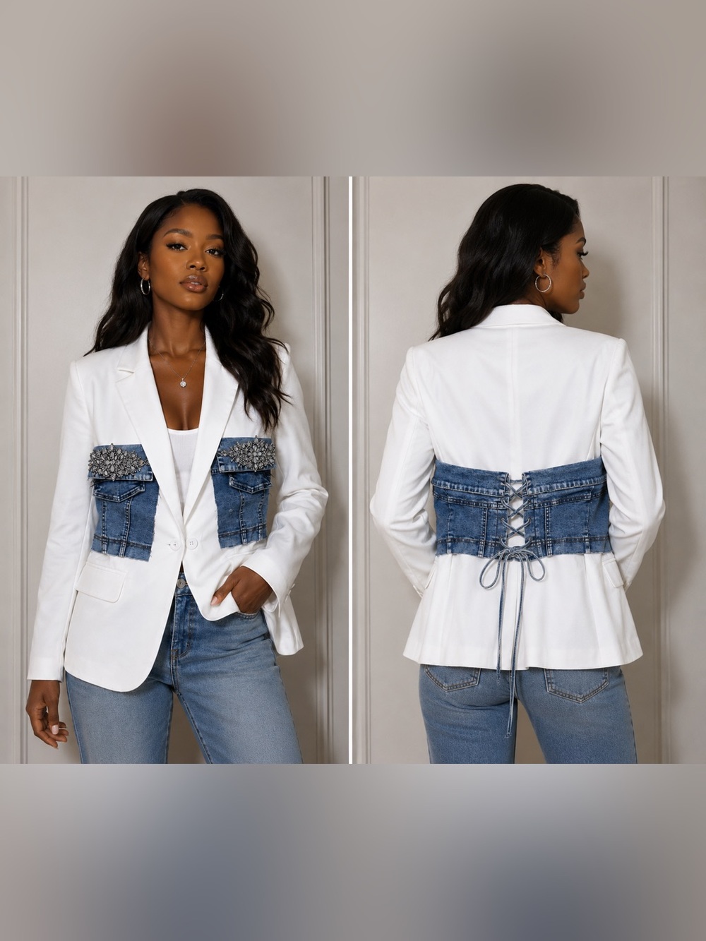 Upcycled White Blazer with Denim Lace-Up Waist and rhinestone accent size S